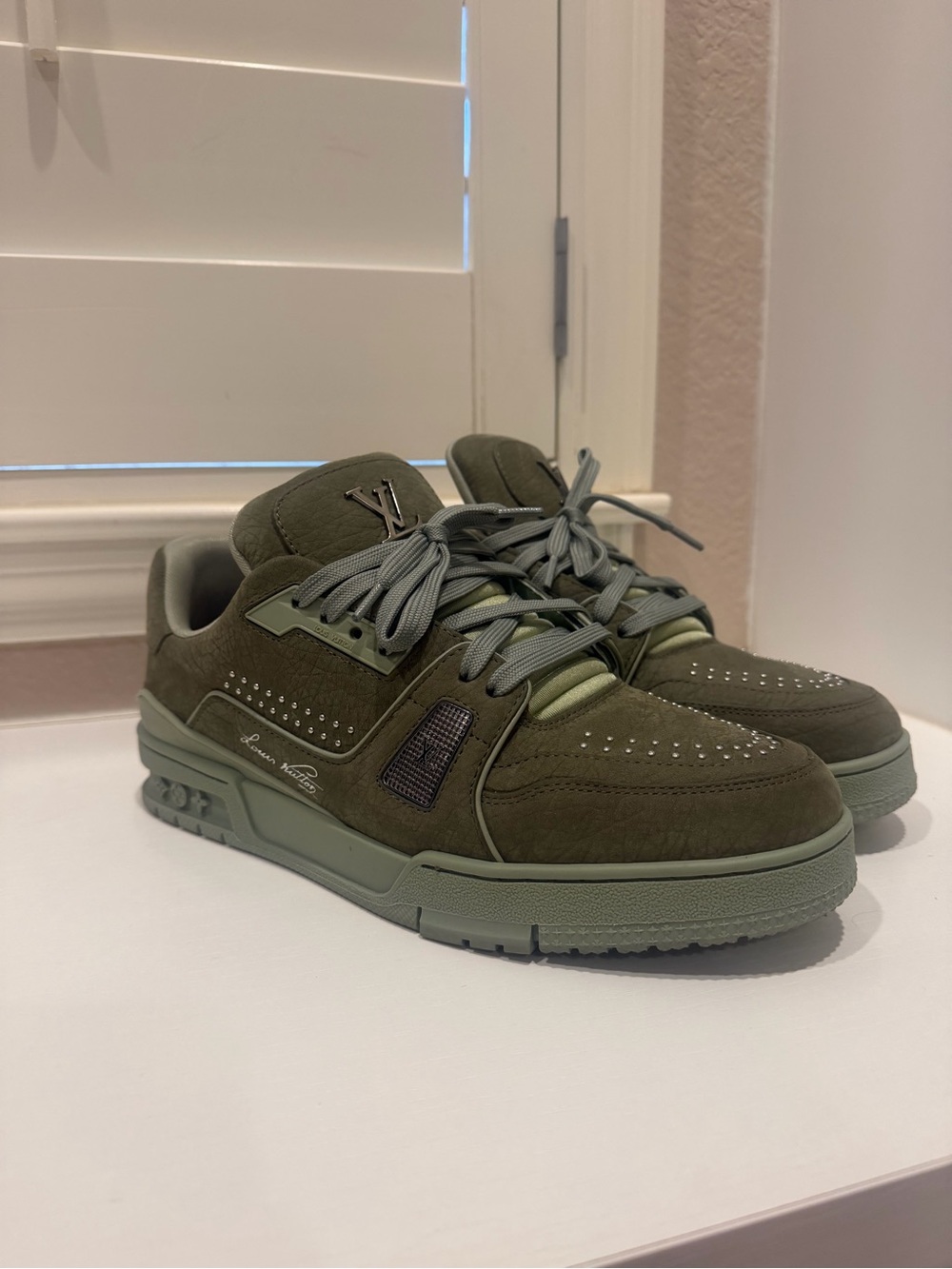 Louis Vuitton Olive Green Suede Low-Top Sneakers for Men